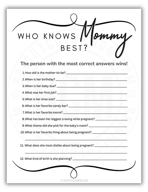 printable baby shower game about who knows the mother-to-be the best