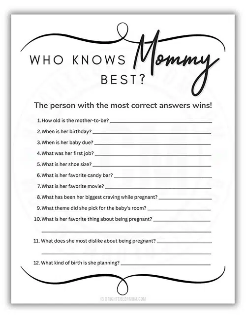 printable baby shower game about who knows the mother-to-be the best