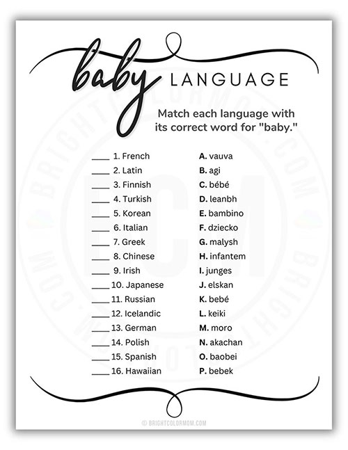 printable baby shower game about the word baby in different languages