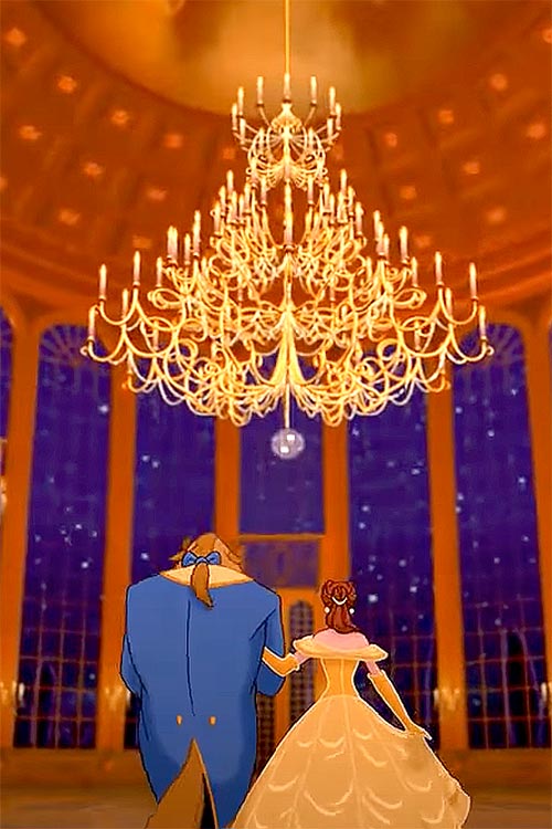 Beast and Belle entering the ballroom with the large gold chandelier overhead