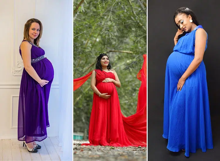 three brightly colored maternity dresses (purple, red, sapphire blue)