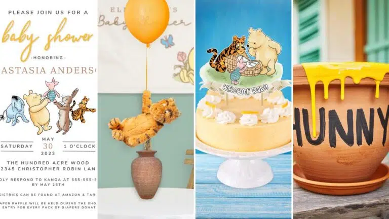 a grid of 4 images, all ideas for a classic Pooh baby shower