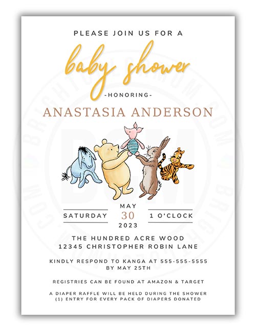 a classic Pooh baby shower invitation with other characters holding Piglet up in the air