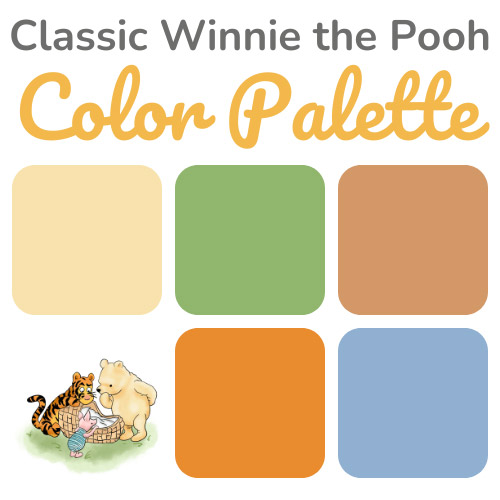 a color palette of swatches for a classic Pooh-themed party