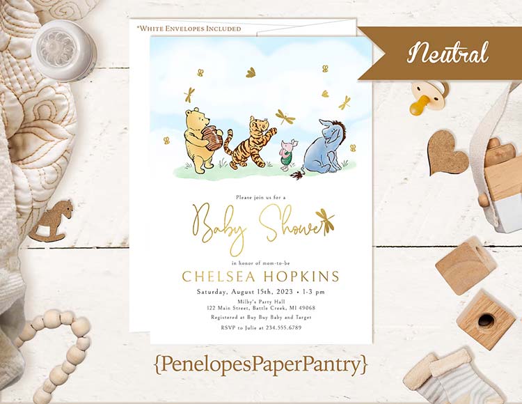 a classic Pooh baby shower invitation featuring Pooh, Tigger, Piglet, and Eeyore