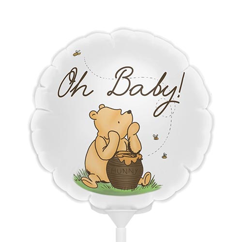 a classic Pooh mylar balloon that says "Oh Baby!"