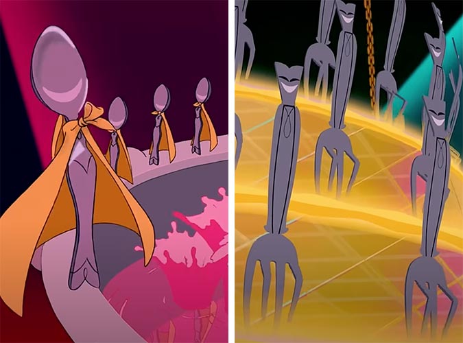 a split image of dancing spoons and forks from the "Be Our Guest" sequence of Beauty and the Beast