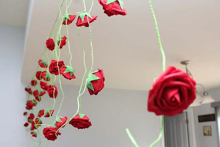 a high-angle photograph of a wide rose vine garland