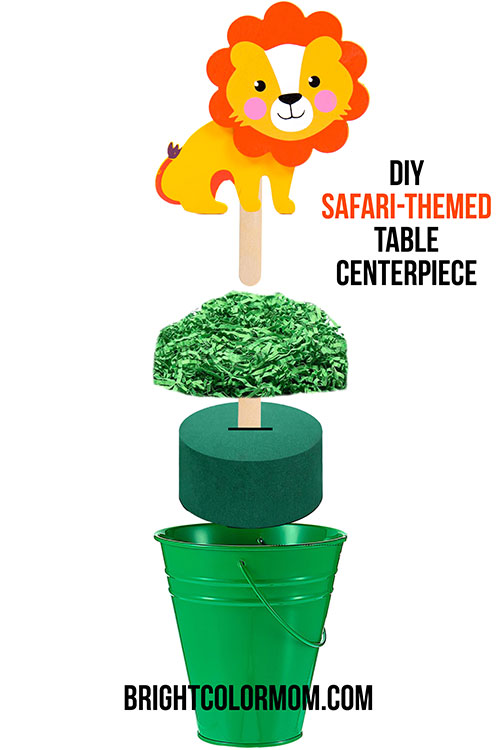 a graphic showing how to assemble a simple DIY safari birthday party centerpiece