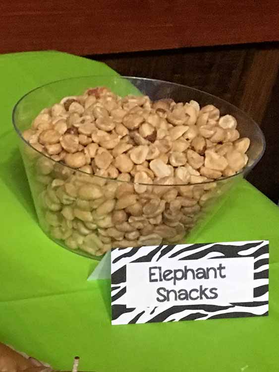 a bowl of peanuts labeled "Elephant Snacks"