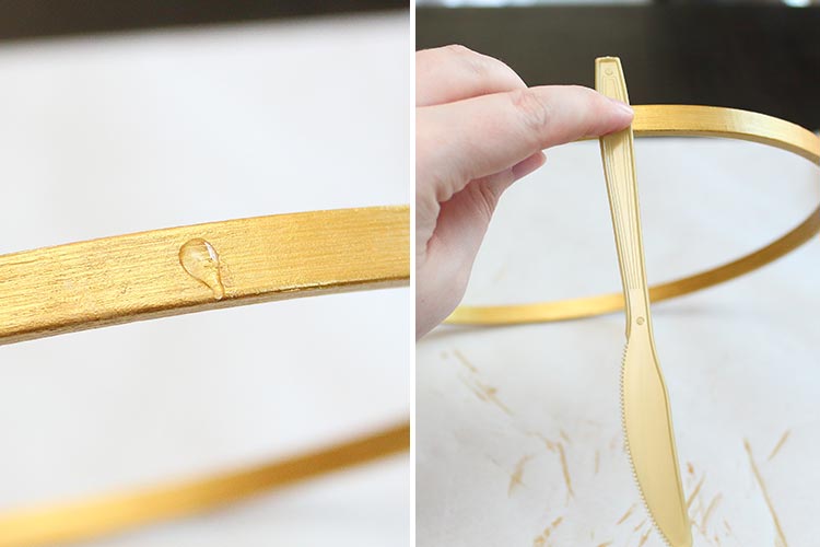 a split image showing a plastic knife being attached to a wooden hoop with hot glue