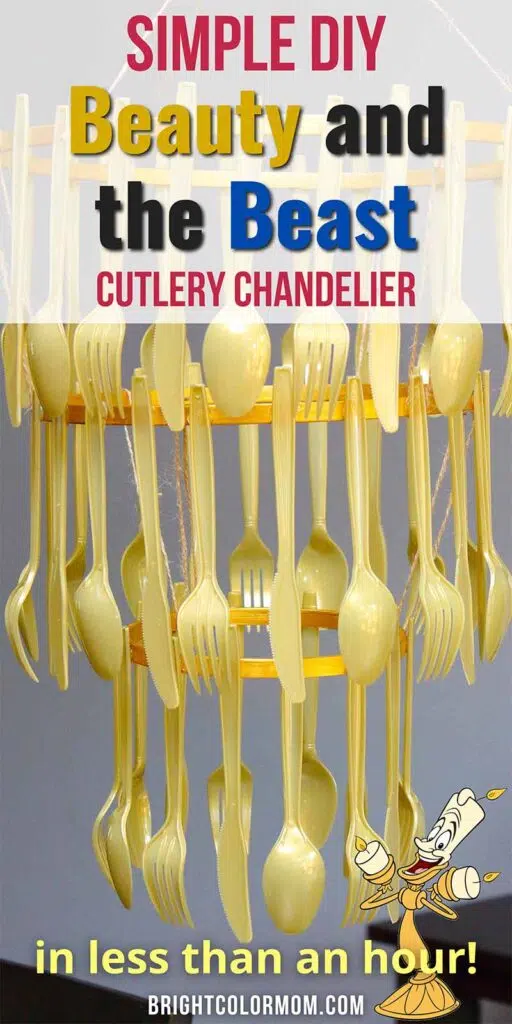 a gold cutlery chandelier with this text overlay: "Simple DIY Beauty and the Beast Cutlery Chandelier in less than an hour!"