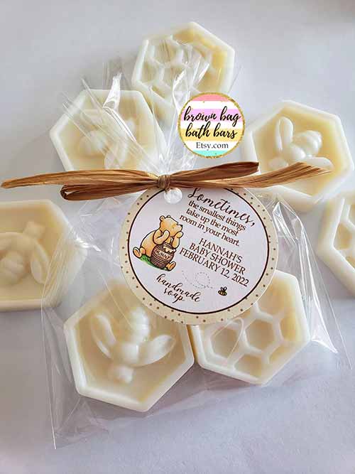 party favor bags of small bee-themed soaps with a classic Pooh tag