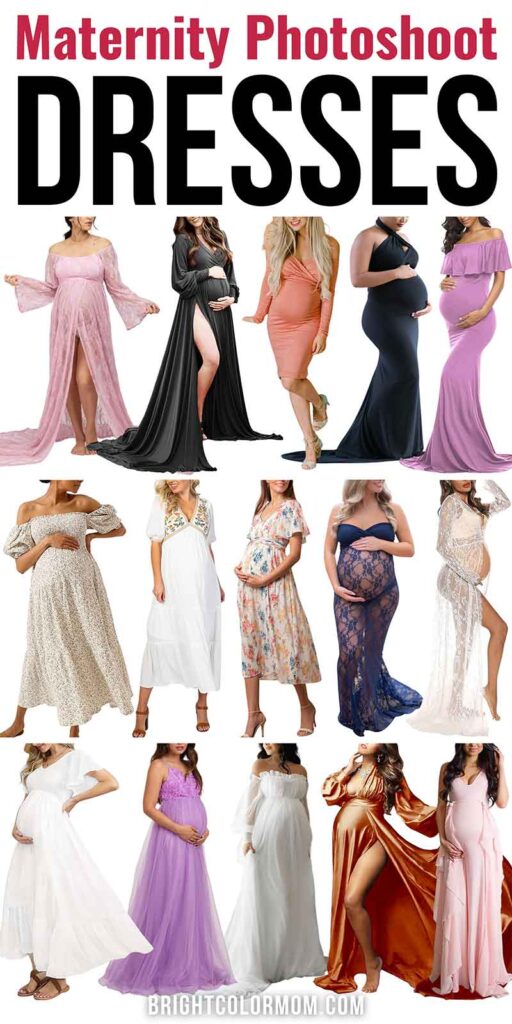 a collage of many styles of maternity dresses with the text overlay "maternity photoshoot dresses"