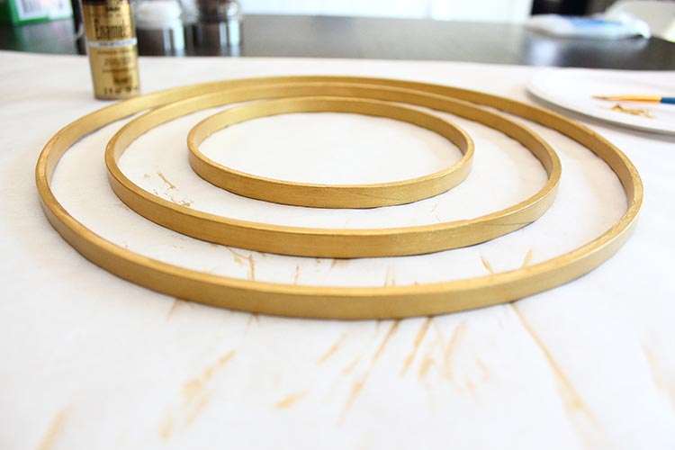 three sizes of inner embroidery hoops painted metallic gold