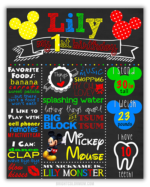 a chalkboard print design for a first birthday with Mickey Mouse theming