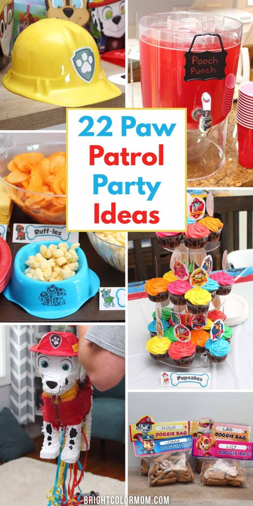 collage of photos from a Paw Patrol birthday party