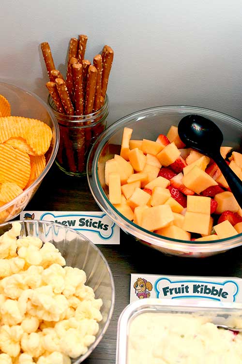 a jar of pretzel rods labeled "Chew Sticks" and a bowl of mixed fruit labeled "Fruit Kibble"