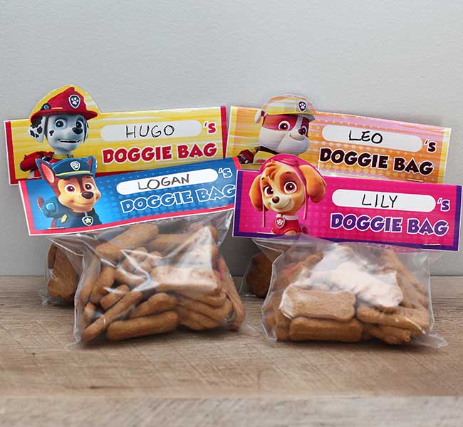 bags of Scooby Snack cookies with Paw Patrol "doggie bag" tags attached