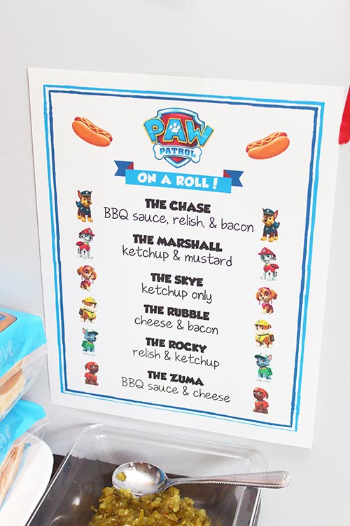 a Paw Patrol-themed hot dog menu