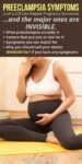 a visibly pregnant women sitting on a yoga mat holding her belly with one hand and her mouth with the other; text reads "Preeclampsia symptoms look a lot like regular pregnancy symptoms... and the major ones are invisible!"