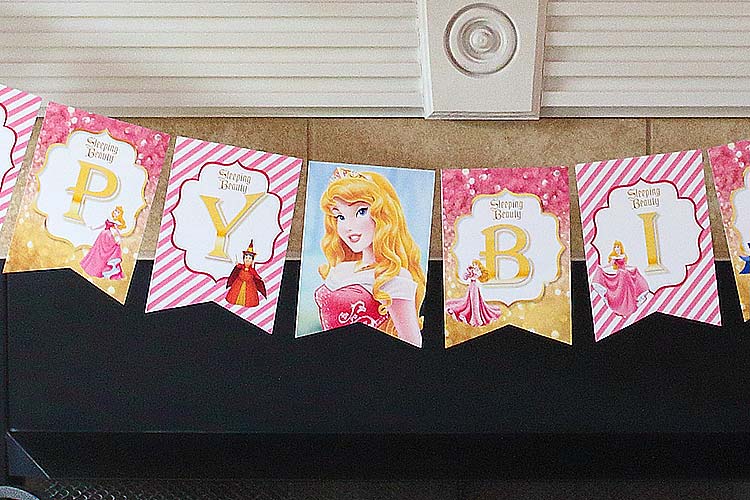 closeup of a printed Sleeping Beauty birthday banner
