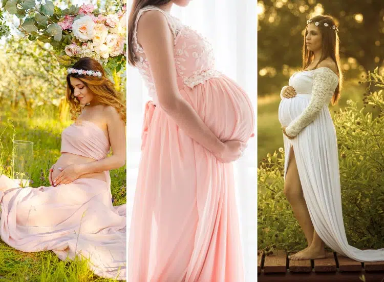 three long, flowing maternity dresses