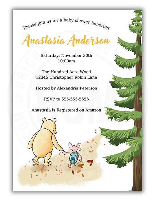 a classic Pooh baby shower invitation featuring Pooh and Piglet walking up a path with a tall tree to the side