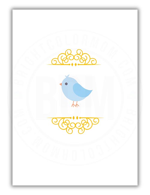 an invitation reverse side design featuring a small blue bird and gold scrolls