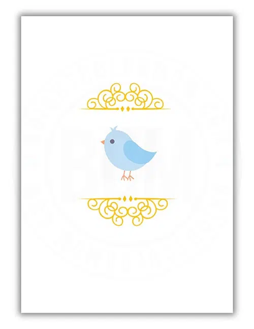 an invitation reverse side design featuring a small blue bird and gold scrolls