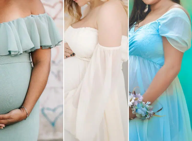 three maternity dresses with various statement sleeves