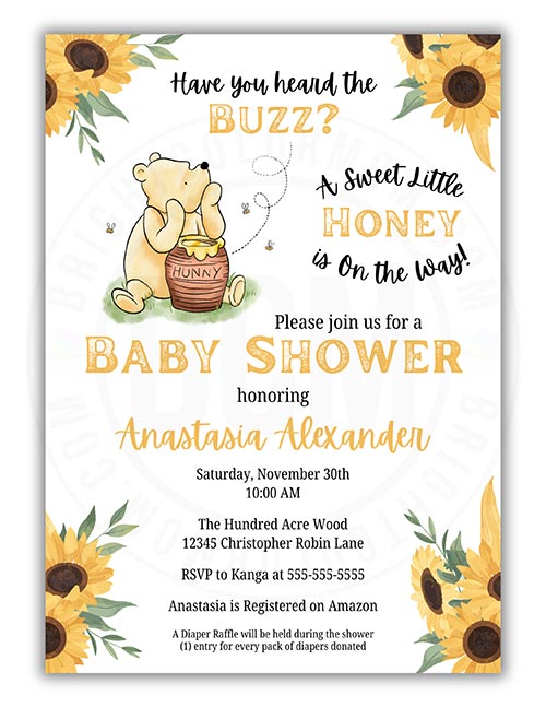 a classic Pooh baby shower invitation with a sunflower theme