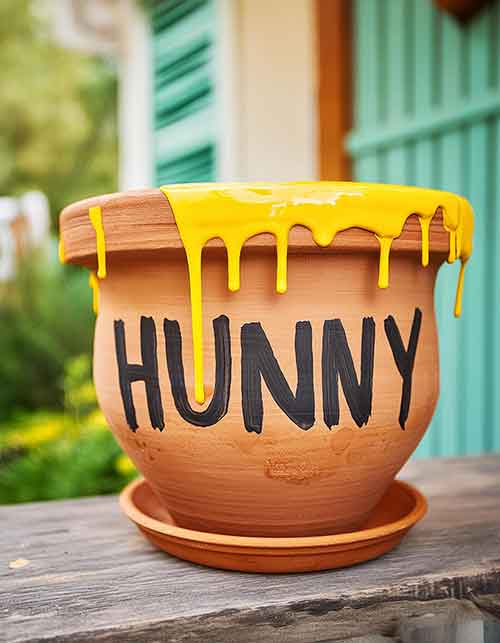 terra cotta pot with "hunny" written in fat black marker on the side with yellow paint dripping from the rim