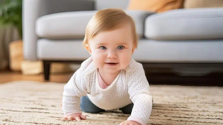 a smiling blonde, blue-eyed baby crawling on a living room rug