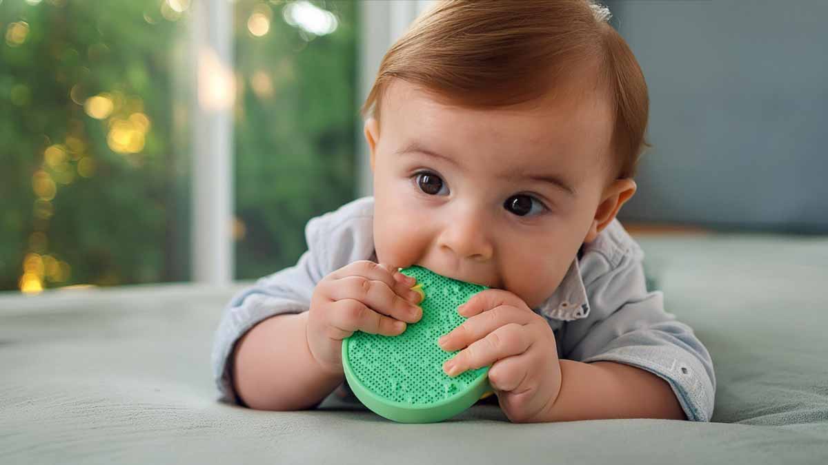 a baby lying on their tummy chewing on a teething toy