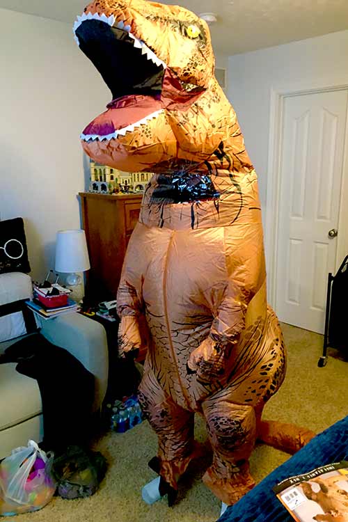 a man in an inflatable dinosaur costume