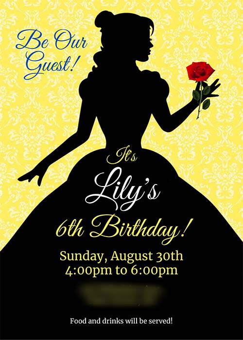 a Beauty and the Beast birthday party invitation featuring a yellow damask background and a black silhouette of Belle holding a red rose