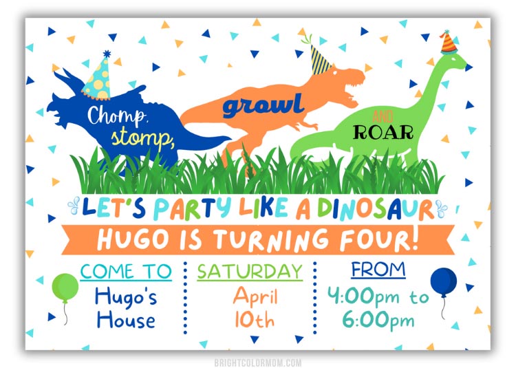 a colorful dinosaur birthday party invitation with the silhouettes of a blue triceratops, orange t-rex, and green brontosaurus