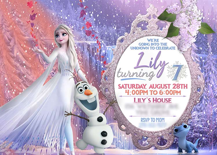 a Frozen 2 birthday invitation featuring Elsa, Olaf, and Bruni