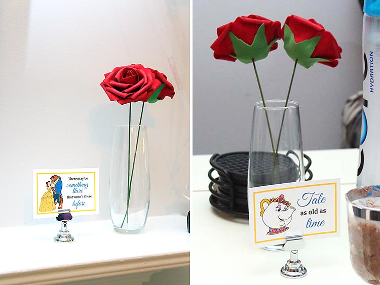 a split image of two small clear vases, each holding two silk red roses, and cards featuring Beauty and the Beast characters and quotes