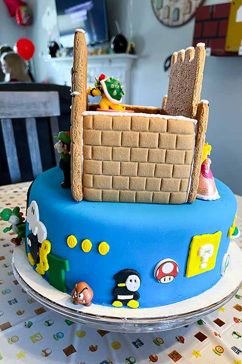 side view of a DIY Mario birthday cake