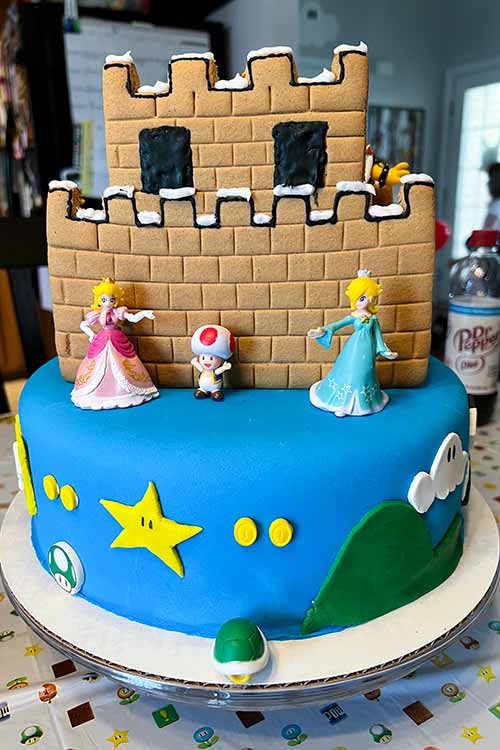 rear view of a DIY Mario birthday cake