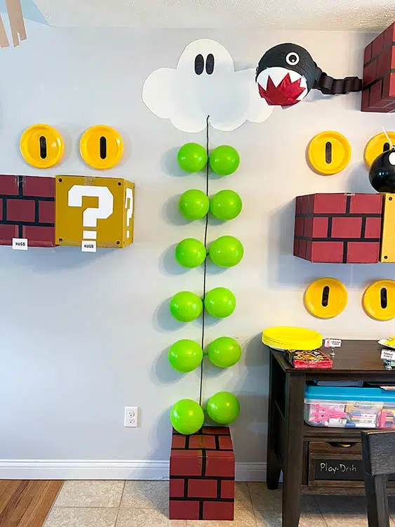 various homemade Mario-themed birthday party decorations