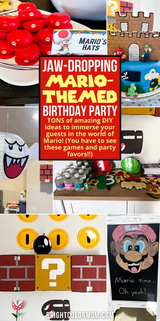 a collage of Mario birthday party photos