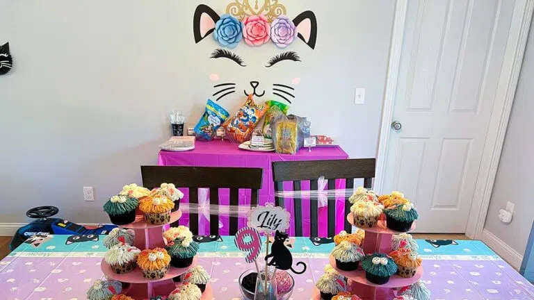 a cat-themed birthday party setup