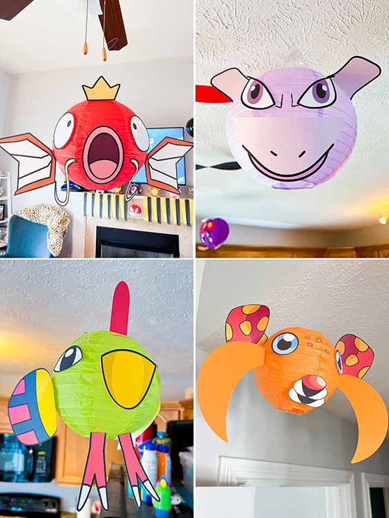 various Pokemon creatures made from paper lanterns