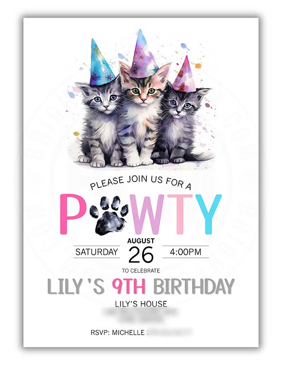 a kitten-themed birthday party invitation