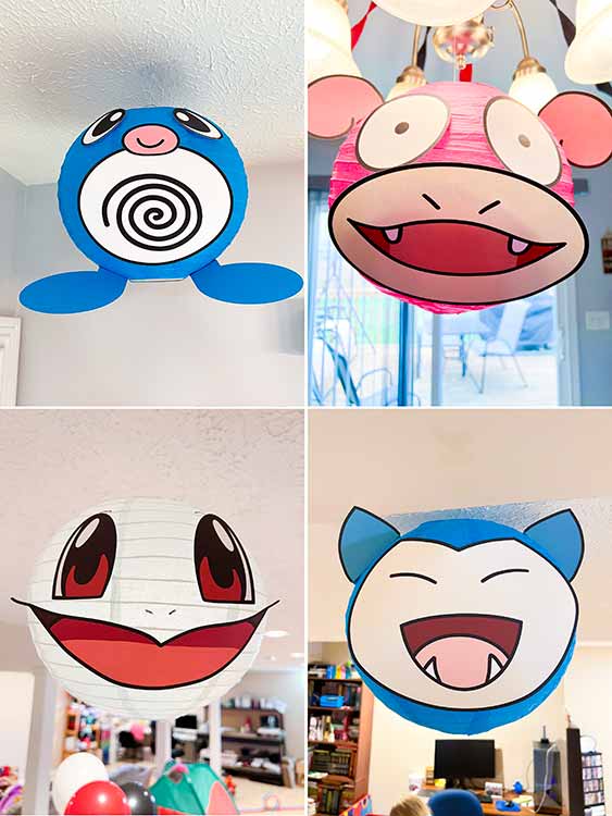 various Pokemon creatures made from paper lanterns