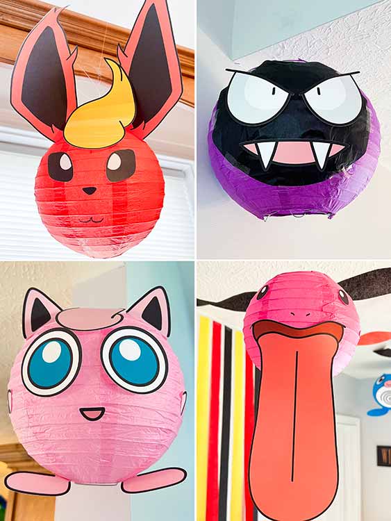 various Pokemon creatures made from paper lanterns