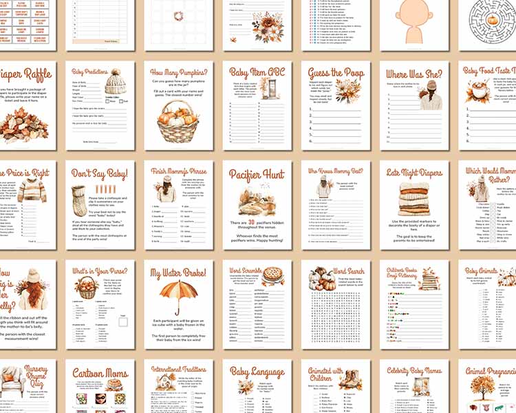 collage of dozens of coordinating autumn-themed printable baby shower games